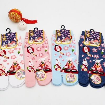 Japanische Tabi-Socken aus Baumwolle und Kaninchen- und Teemuster Größe Fr 34 - 40