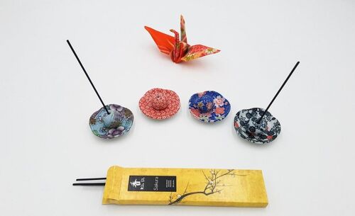 Door made-hand craft porcelain ceramic incense painted and handmade Japan round floral patterns (Set D) - Fleuri Bleu