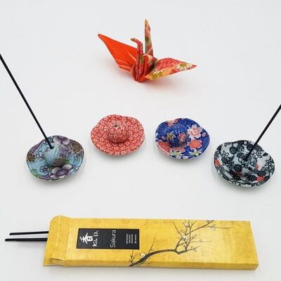 Tür Handarbeit Porzellan Keramik Räucherstäbchen bemalt und handgefertigt Japan runde Blumenmuster (Set D) - Fleuri Bleu