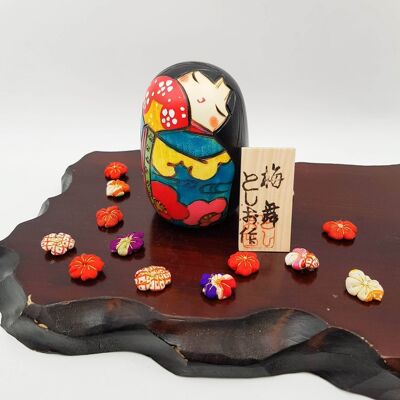 Muñeco Kokeshi de madera pintado Umemai estampado floral colorido