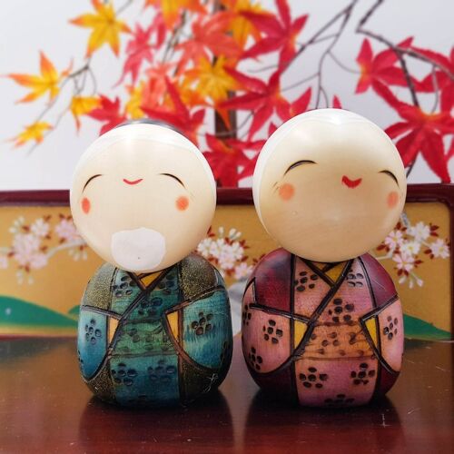 Poupée Kokeshi en bois peint Gochoujyu figurine couple Japon couple fait main artisanal