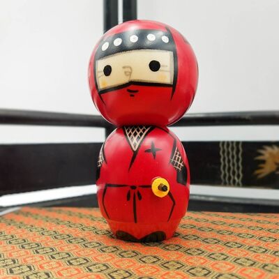 Ninja doll in red painted wood figurine Japan handmade craftsman