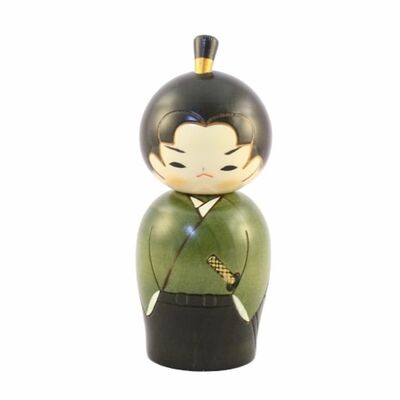 Hölzerne Kokeshi-Puppe Junge Samurai-Figur Japan grün und schwarz Handarbeit