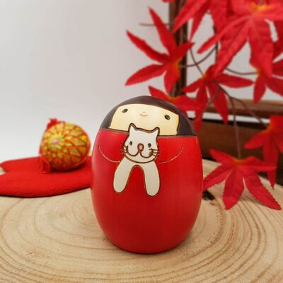 Neko-No-Sally Kokeshi-Holzpuppe mit roter und schwarzer Katze