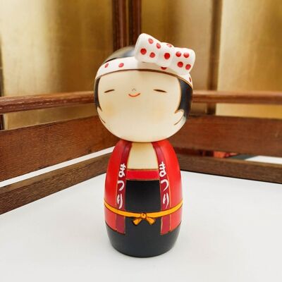 Wasshoi Girl rote und schwarze Kokeshi-Holzpuppe, handgefertigt aus Japan