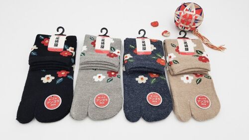 Chaussettes Japonaises Tabi en Angora & Coton et Motif Fleurs Made in Japan Taille Fr 34 - 40