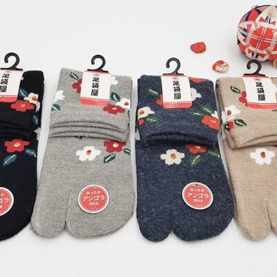 Japanische Tabi-Socken in Angora & Baumwolle und Blumenmuster Hergestellt in Japan Größe Fr 34 - 40