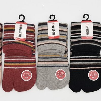 Japanische Tabi-Socken in Angora und Baumwolle für Winterstreifenmuster Größe Fr 34 - 40, Kutsushita Geta Accessoire Kimono Kitsuke