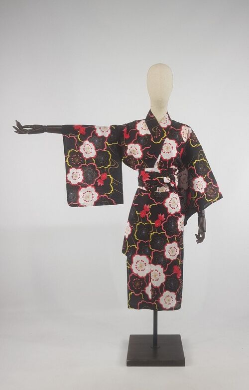 Japanese Yukata 100% cotton cropped black cherry pattern, light kimono summer jacket summer dress