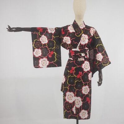 Yukata japonés 100% algodón recortado patrón de cereza negra, kimono ligero chaqueta de verano vestido de verano