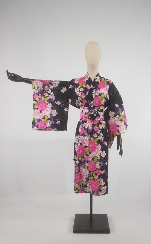 Japanese Yukata 100% cotton shortened Ecru - Bordeaux pink pattern, summer kimono jacket light summer dress