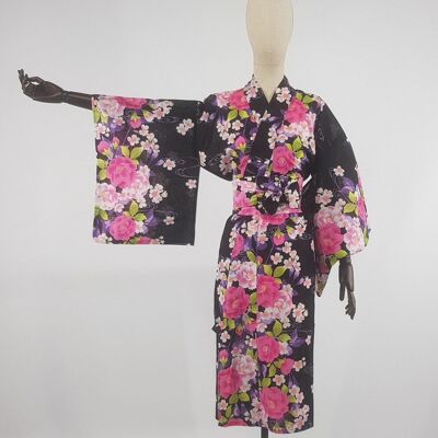 Yukata giapponese 100% cotone accorciato Ecru - Motivo rosa bordeaux, giacca kimono estiva abito estivo leggero