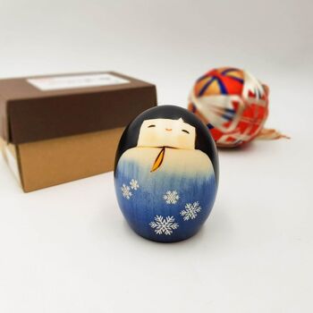 Poupée Kokeshi en bois Yukinosei bleu blanc noir neige figurine Japon fait main artisanal 8