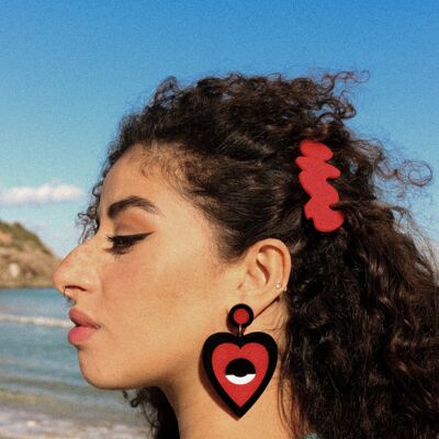 Black and red, heart shaped earrings