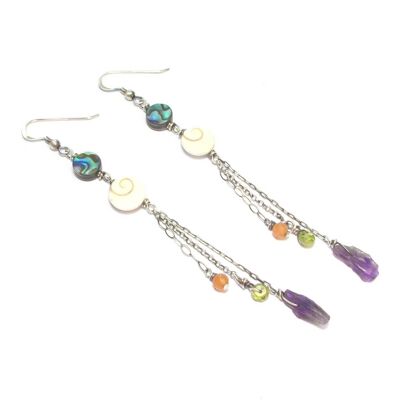 Ethnic Silver Earrings, Shells And Natural Stones