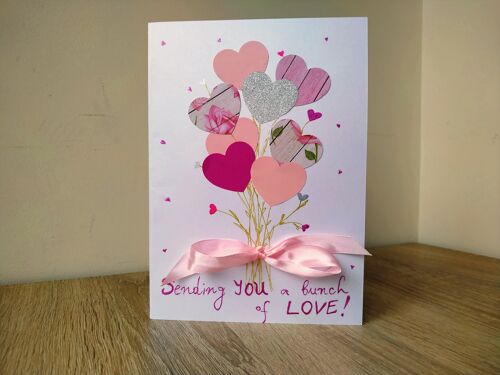 Romantic pink hearts paper card, A bunch of love decorated cards, Handcrafted blank gift postcard