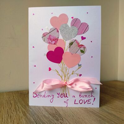 Romantic pink hearts paper card, A bunch of love decorated cards, Handcrafted blank gift postcard