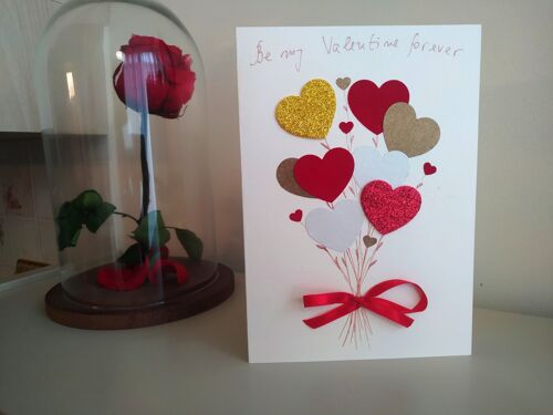 Valentine red and gold heart bouquet card, Love handmade blank greeting card