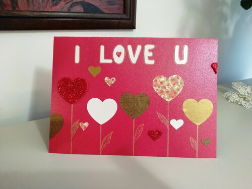 I love you handmade red greeting card, Multi color hearts to say I love you, Romantic gift