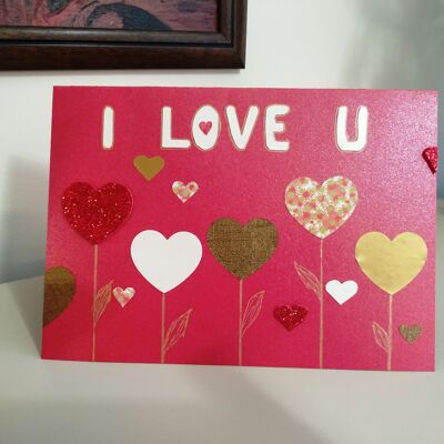 Te amo tarjeta de felicitación roja hecha a mano, corazones multicolores para decir te amo, regalo romántico