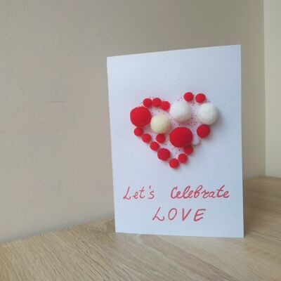 3D pom pom greeting card, Felted red and white balls, Romantic I love you gift, Unique design heart shape note