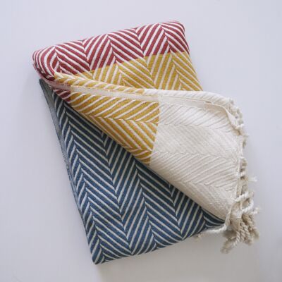 NORDIC THROW, HANDWOVEN, 100 % BAUMWOLLE, BLAU & ZIMT & GELB FARBIG