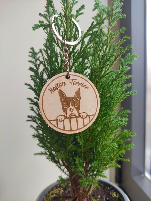 Wooden Boston Terrier Keychain, Dog Lover Keyring, Custom Wood Acessory, Pet Lover