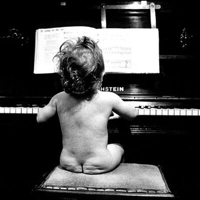 Baby playing piano blank greetings card