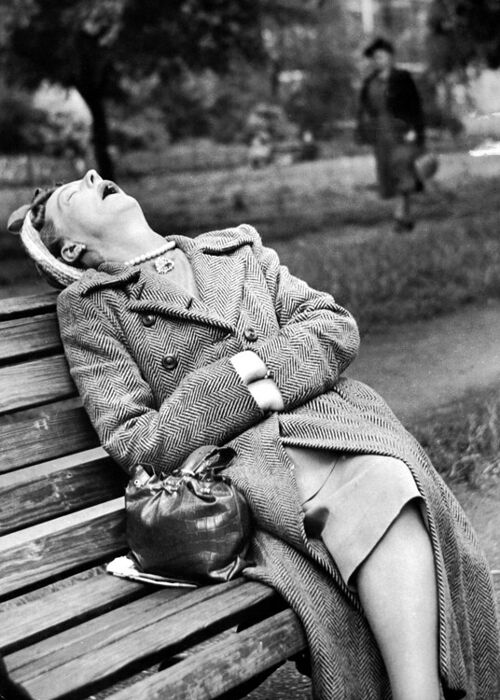 Woman asleep on bench blank greetings card