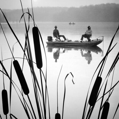 Two men on fishing boat blank greetings card