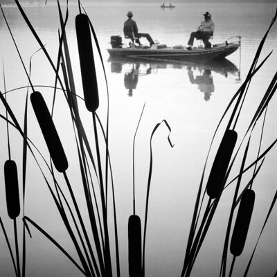 Two men on fishing boat blank greetings card