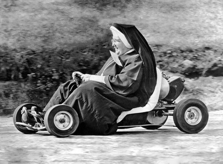 Nun on a go kart blank greetings card