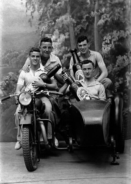 Four lads with their beers blank greetings card