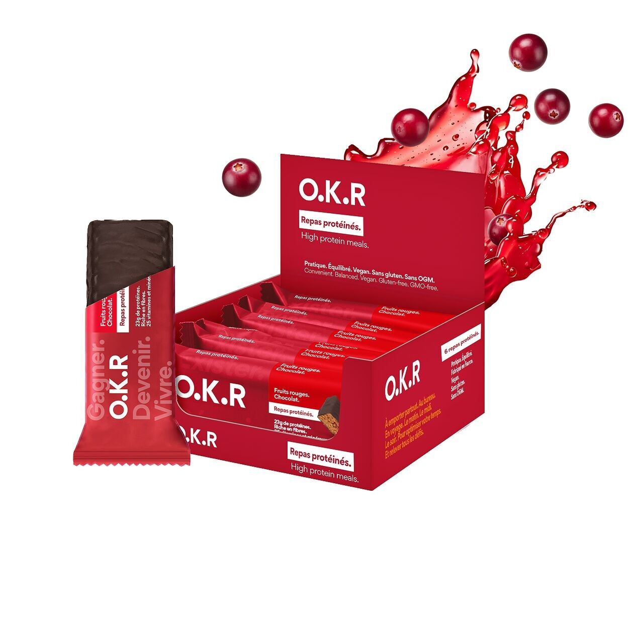 Barretta proteica vegana con frutti rossi. Cioccolato.