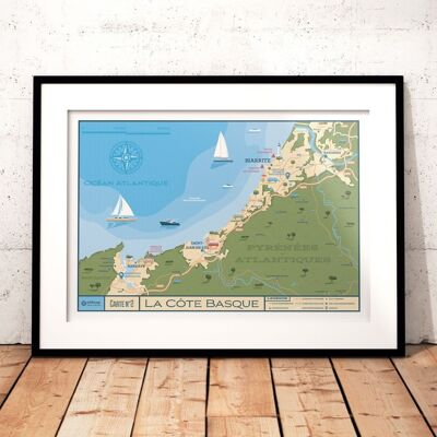 Póster de viaje con mapa de la costa vasca - 30x40 cm