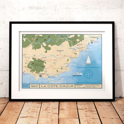 Póster de viaje con mapa de la Riviera Francesa - 50x70 cm