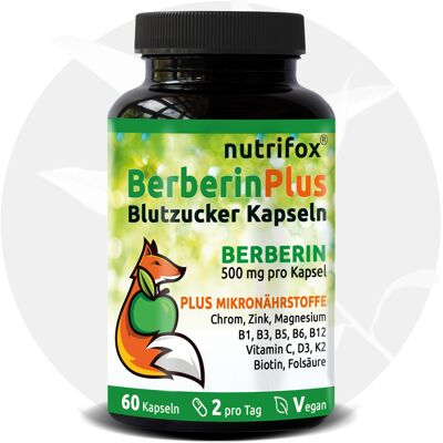 Berberin 500 mg Plus 14 Multivitamine & Mineralstoffe (z.B. Chrom, Zink, Magnesium, B-Komplex, Vitamin C, Vitamin D, K2, Biotin) 60 Blutzucker Kapseln, vegan