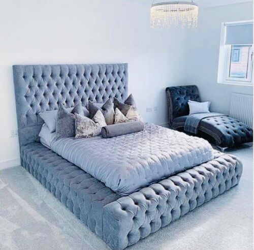 Majestic Chesterfield Upholstered Bed Frame - Orthopaedic Malia Plush Silver Double (4'6" x 6'3")