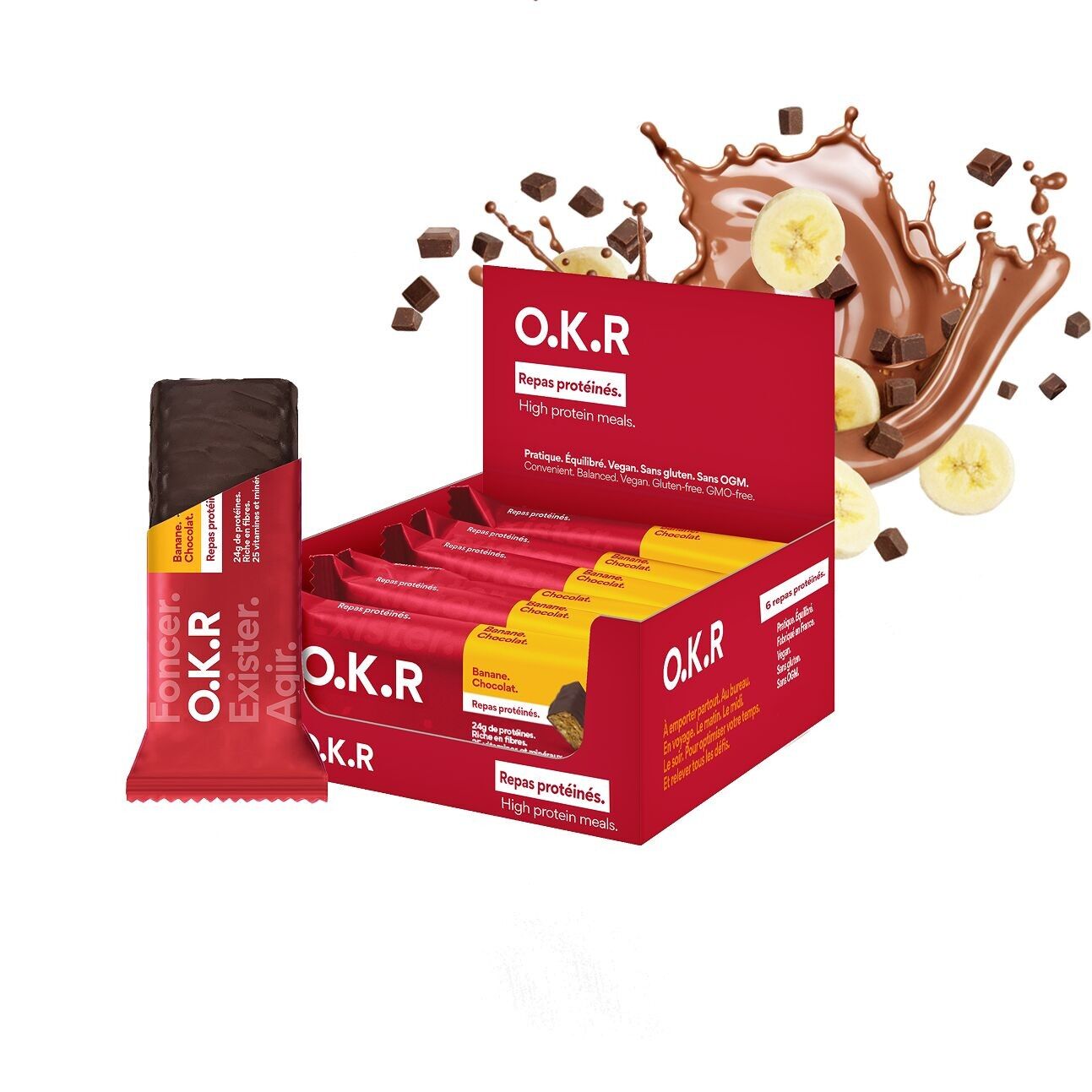 Barretta proteica vegana alla banana. Cioccolato.