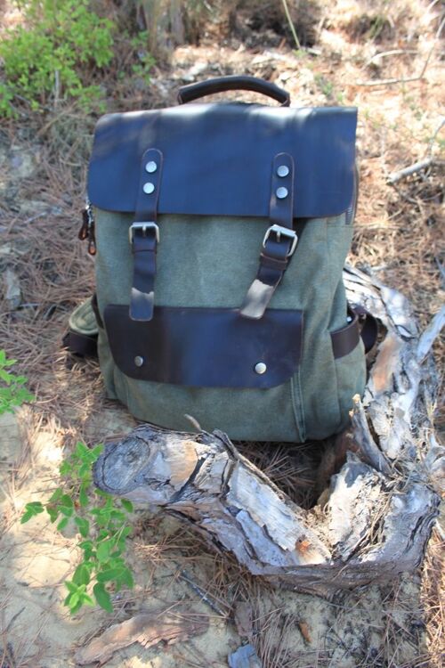 Messenger -Retro Leather Backpack - Army Green
