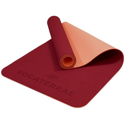 Tapis de Yoga Antidérapant Bordeaux Corail en TPE 183x61x0,6cm avec sangle de transport & d'étirements en coton