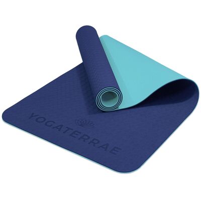 Tapis de Yoga Antidérapant Marine Turquoise en TPE 183x61x0,6cm avec sangle de transport & d'étirements en coton