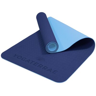 Esterilla de yoga antideslizante TPE azul marino Sky 183x61x0,6 cm con correa de transporte y estiramiento de algodón