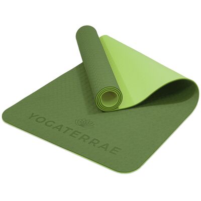 Esterilla de yoga antideslizante TPE color caqui pistacho 183x61x0,6 cm con correa de transporte y estiramiento de algodón