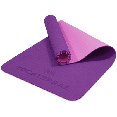 Esterilla de yoga TPE antideslizante rosa púrpura 183x61x0,6 cm con correa de transporte y estiramiento de algodón