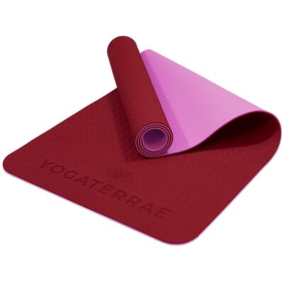 Esterilla de yoga TPE antideslizante rosa burdeos 183x61x0,6 cm con correa de transporte y estiramiento de algodón
