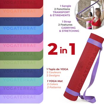 Tapis de Yoga Antidérapant Bordeaux Rose en TPE 183x61x0,6cm avec sangle de transport & d'étirements en coton 2