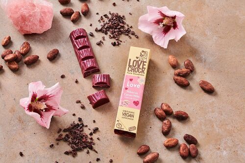 Chocolat Rose Végan Bio LOVE HIBISCUS ET ÉCLATS DE FÈVES - 40 g