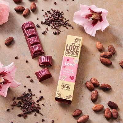 Chocolat Rose Végan Bio LOVE HIBISCUS ET ÉCLATS DE FÈVES - 40 g
