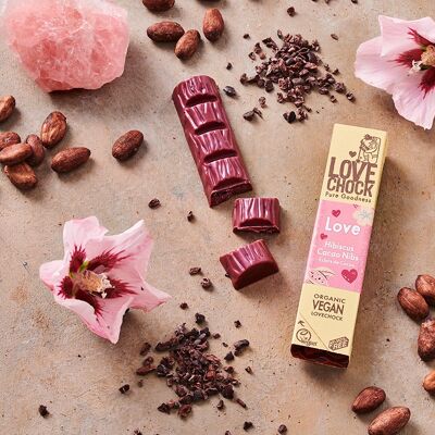 Valentinstagsgeschenk Vegane Schokolade LOVE Hibiskus- und Bohnensplitter 40 g Bio